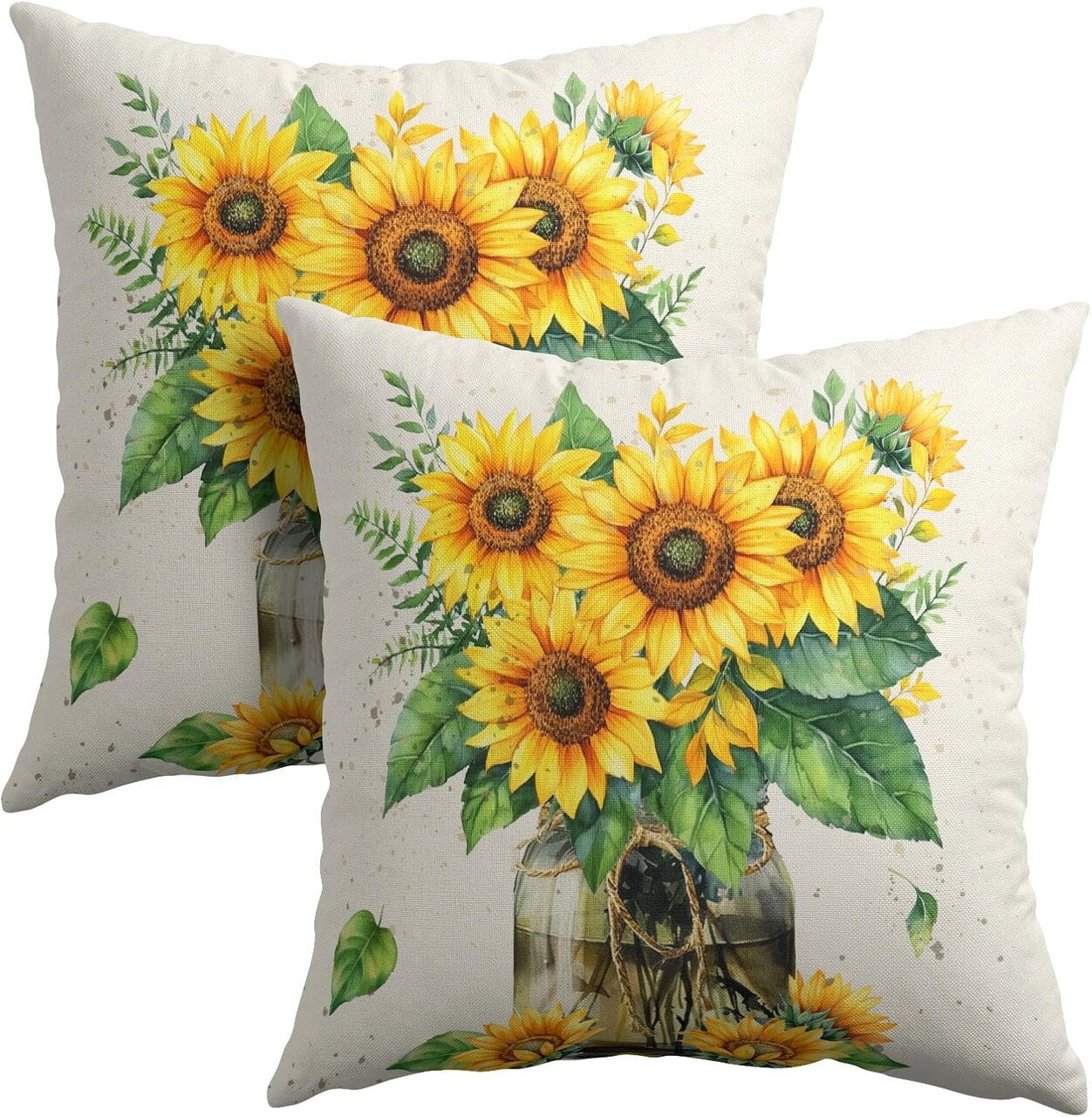 Spring Summer Yellow Flowers Throw Pillow Covers 18X18 Inches Set of 2 Sunflowers with Green Leaves Mason Jar Pillowcase Soft Cotton Linen Square Summer Cushion Covers for Home Sofa Patio Bedroom